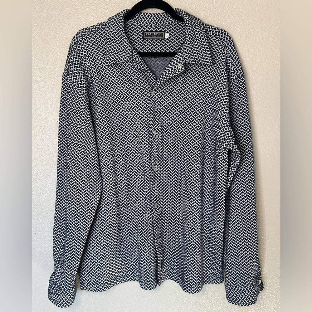 Vintage GUESS Men's Navy & White Geometric Shirt Pearl Snap Retro Long Sleeve